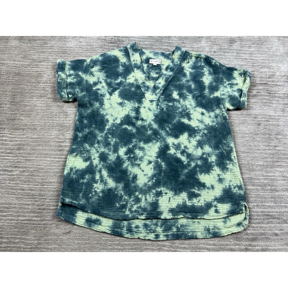 Wonderly Top‎ Womens Medium Green Gauzey Short Sleeve V-Neck Cotton